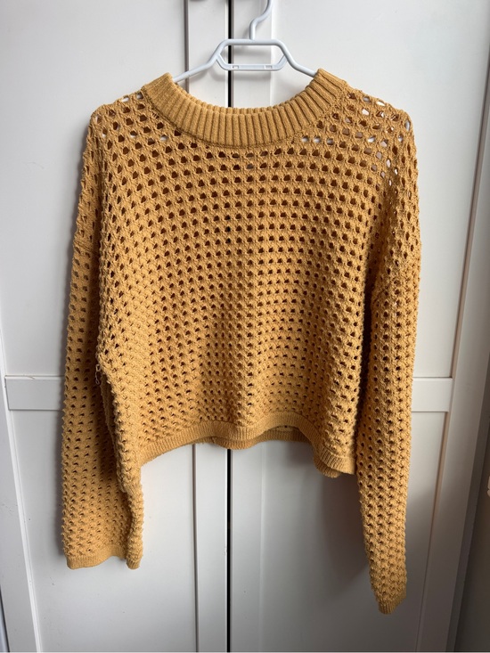 H&M Sweaters - H&M Mustard Yellow Open Knit Cropped Crochet Sweater Size L Cottagecore Boho
